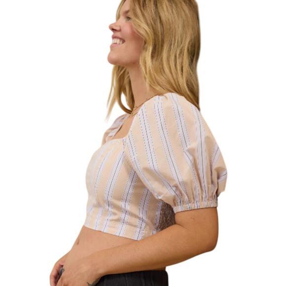 New Aerie Womens Small Striped Puff Sleeve 100% Cotton Smocked Square Neck Top - Picture 5 of 8